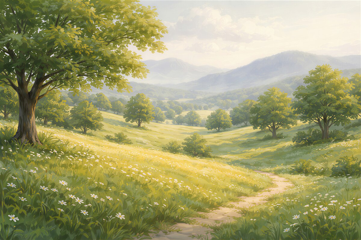 Papier peint vallée ensoleillée dans les fleurs