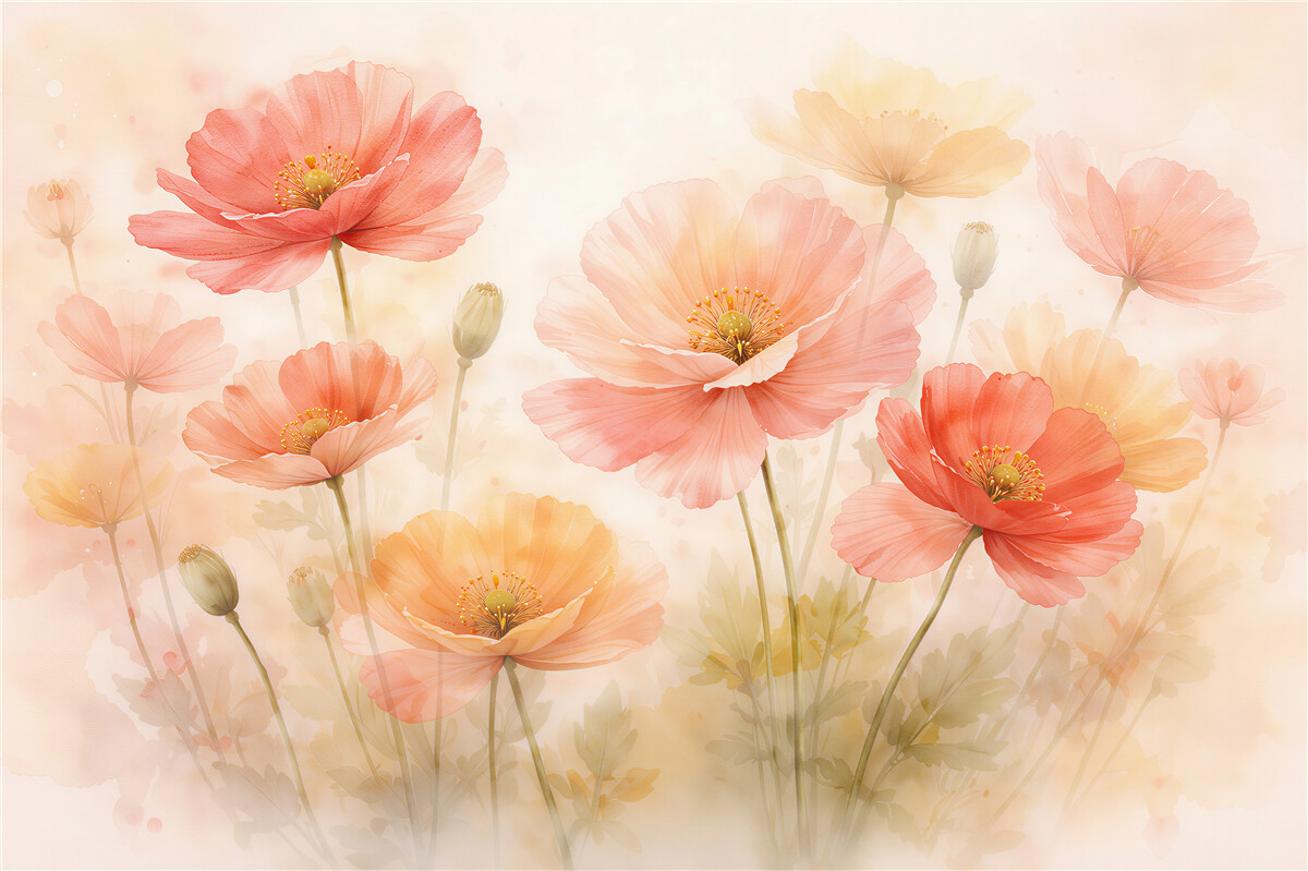 Papier peint coquelicots pastel à l'aube