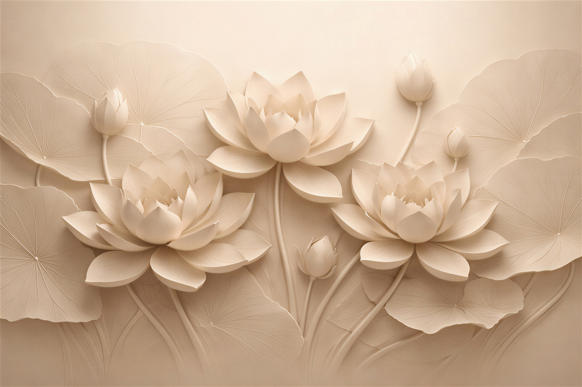 Papier peint lotus crémeux en relief