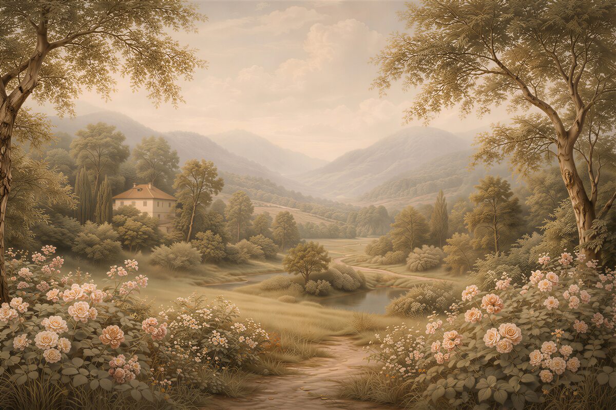 Papier peint paysage romantique avec jardin de roses