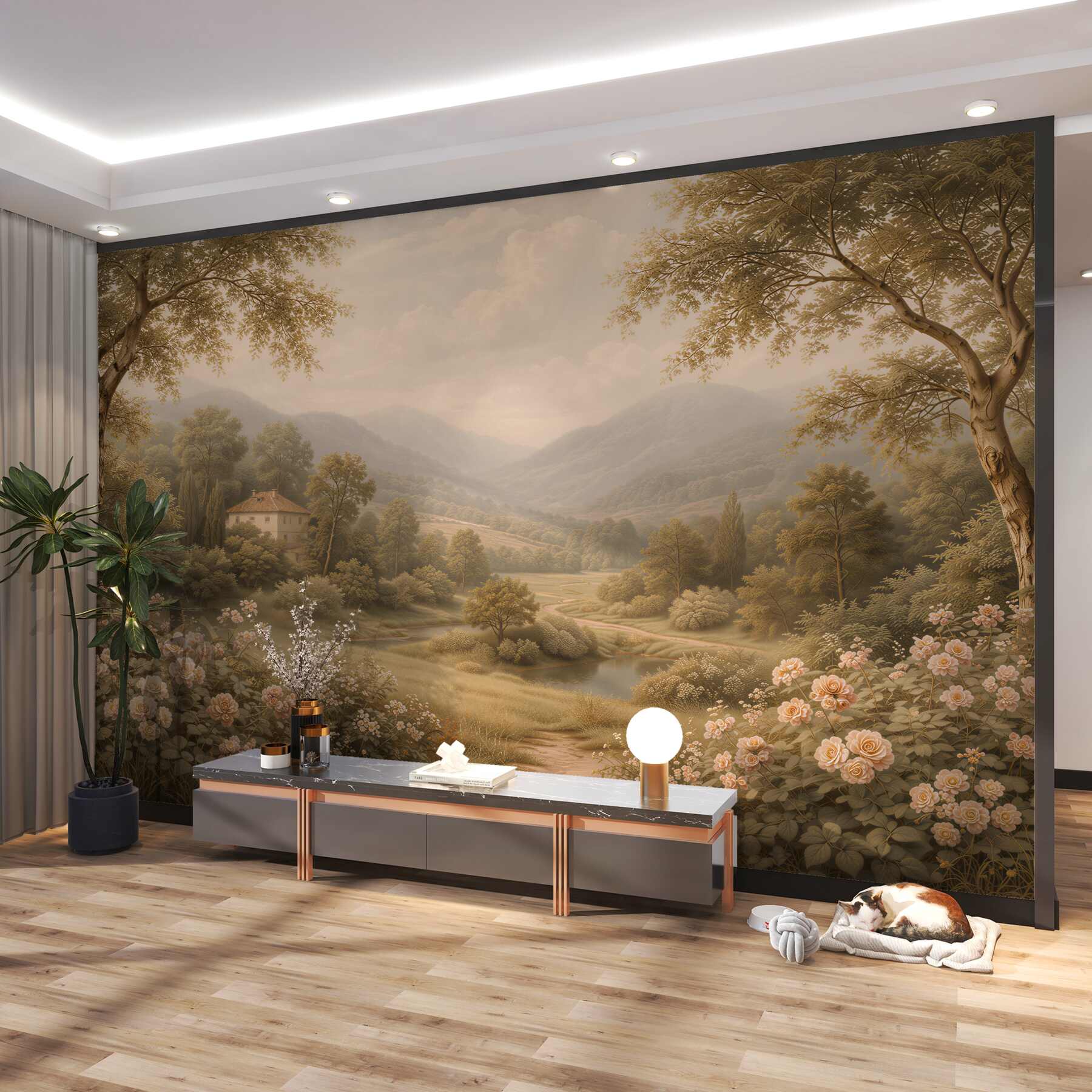 Papier peint paysage romantique avec jardin de roses