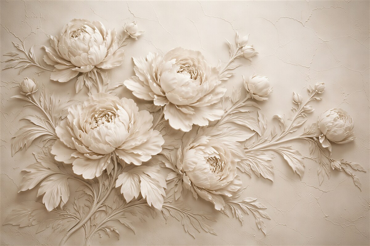 Papier peint pivoines crème dans un style sculpté