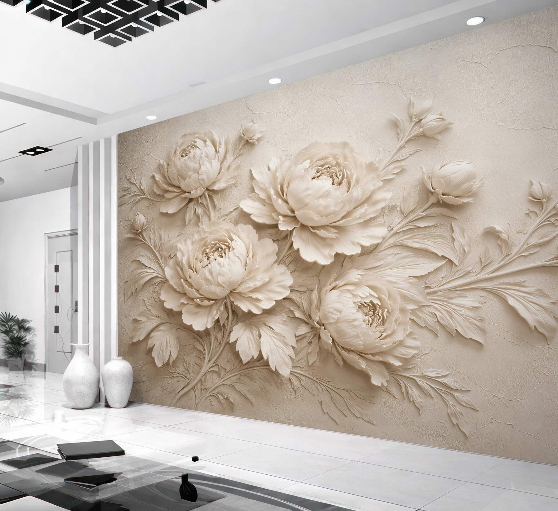 Papier peint pivoines crème dans un style sculpté
