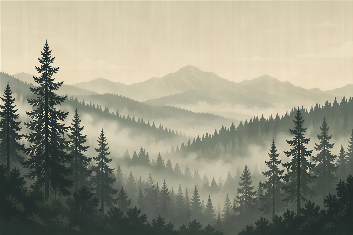 Papier peint forêt brumeuse et sommets montagneux