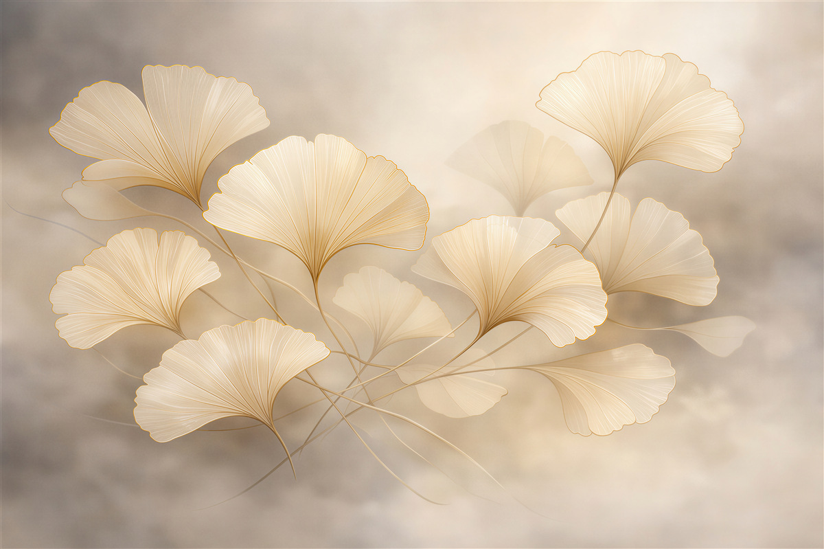 Papier peint feuilles de ginkgo dorées dans la brume