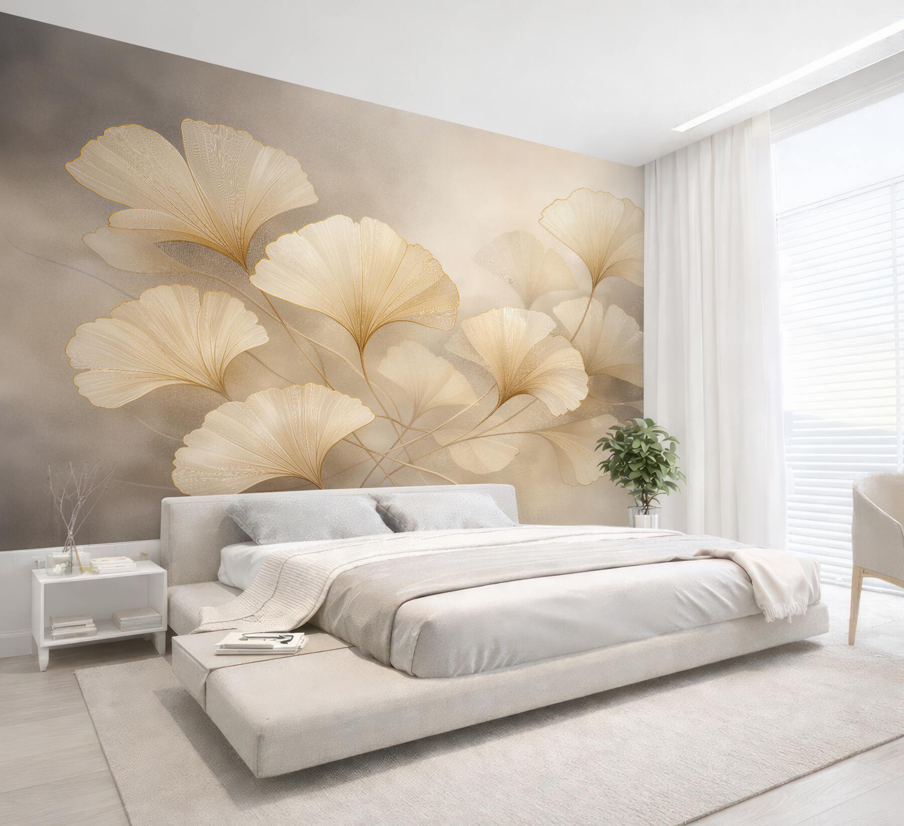 Papier peint feuilles de ginkgo dorées dans la brume