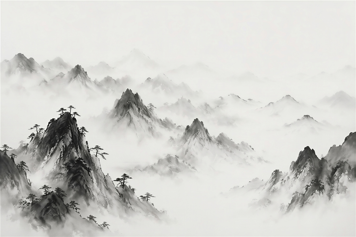 Papier peint montagnes brumeuses à l'encre