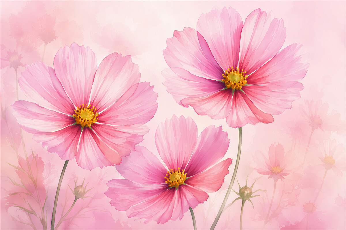 Papier peint cosmos roses dans un style aquarelle