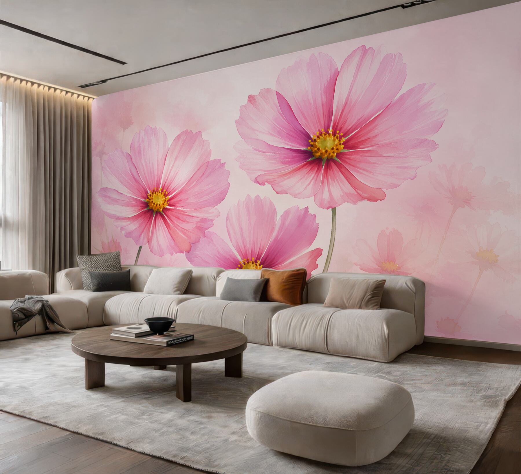 Papier peint cosmos roses dans un style aquarelle
