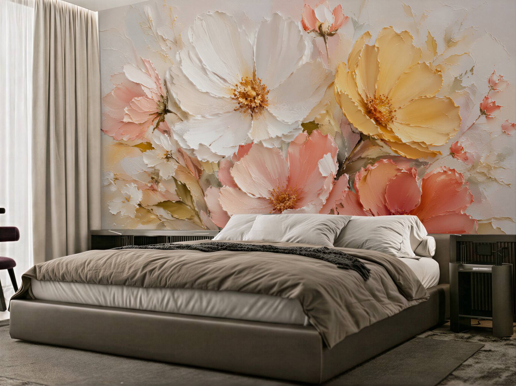 Papier peint fleurs pastel en or