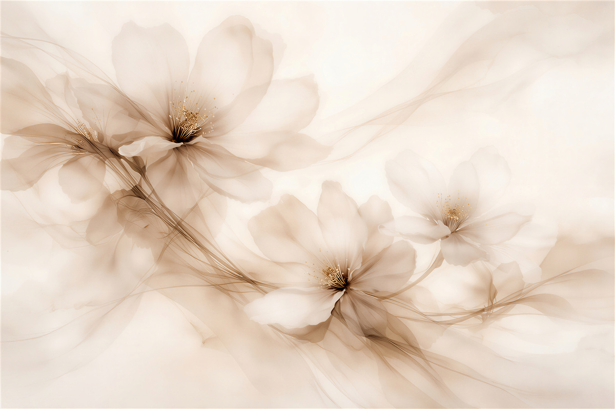 Papier peint fleurs beiges dans une lueur brumeuse