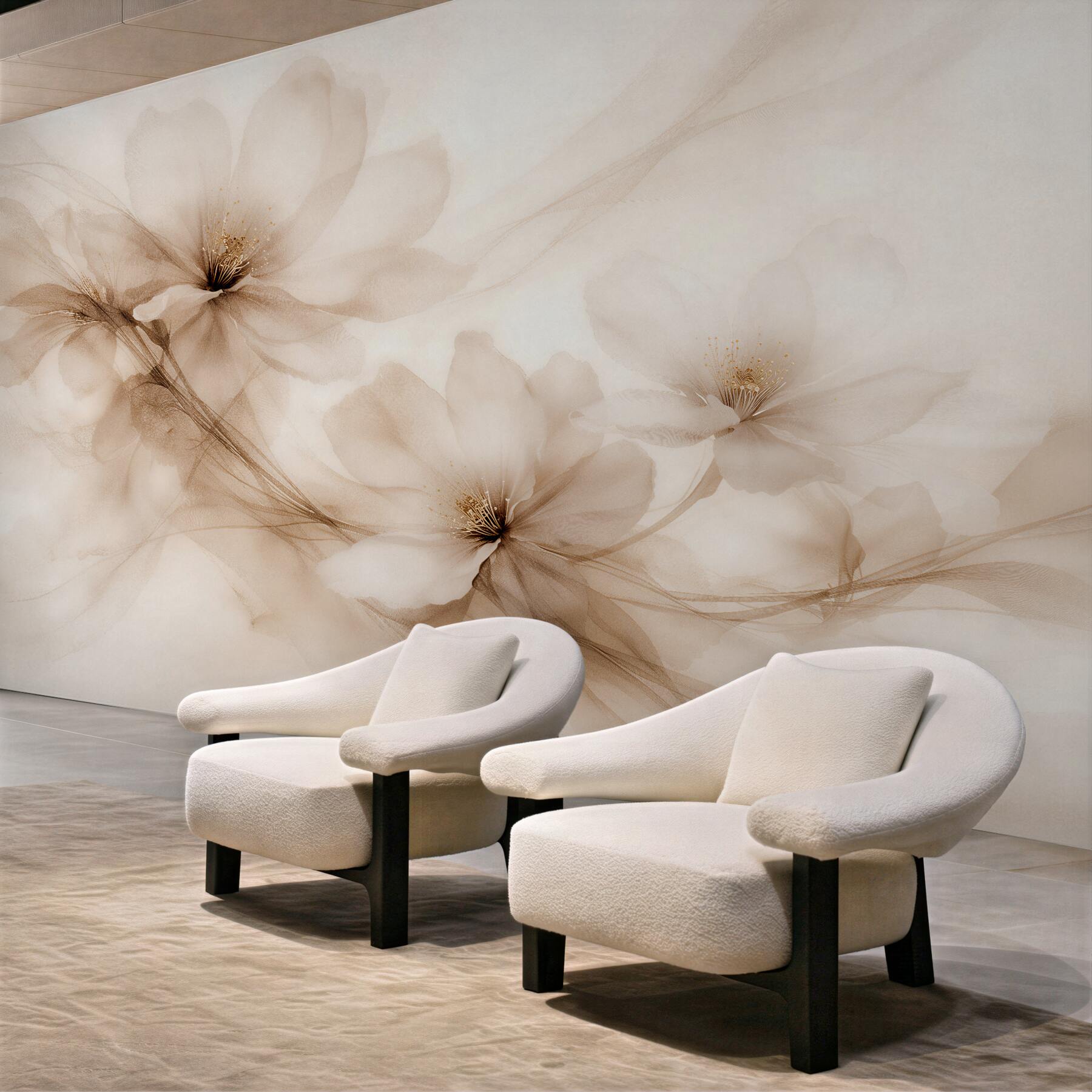 Papier peint fleurs beiges dans une lueur brumeuse
