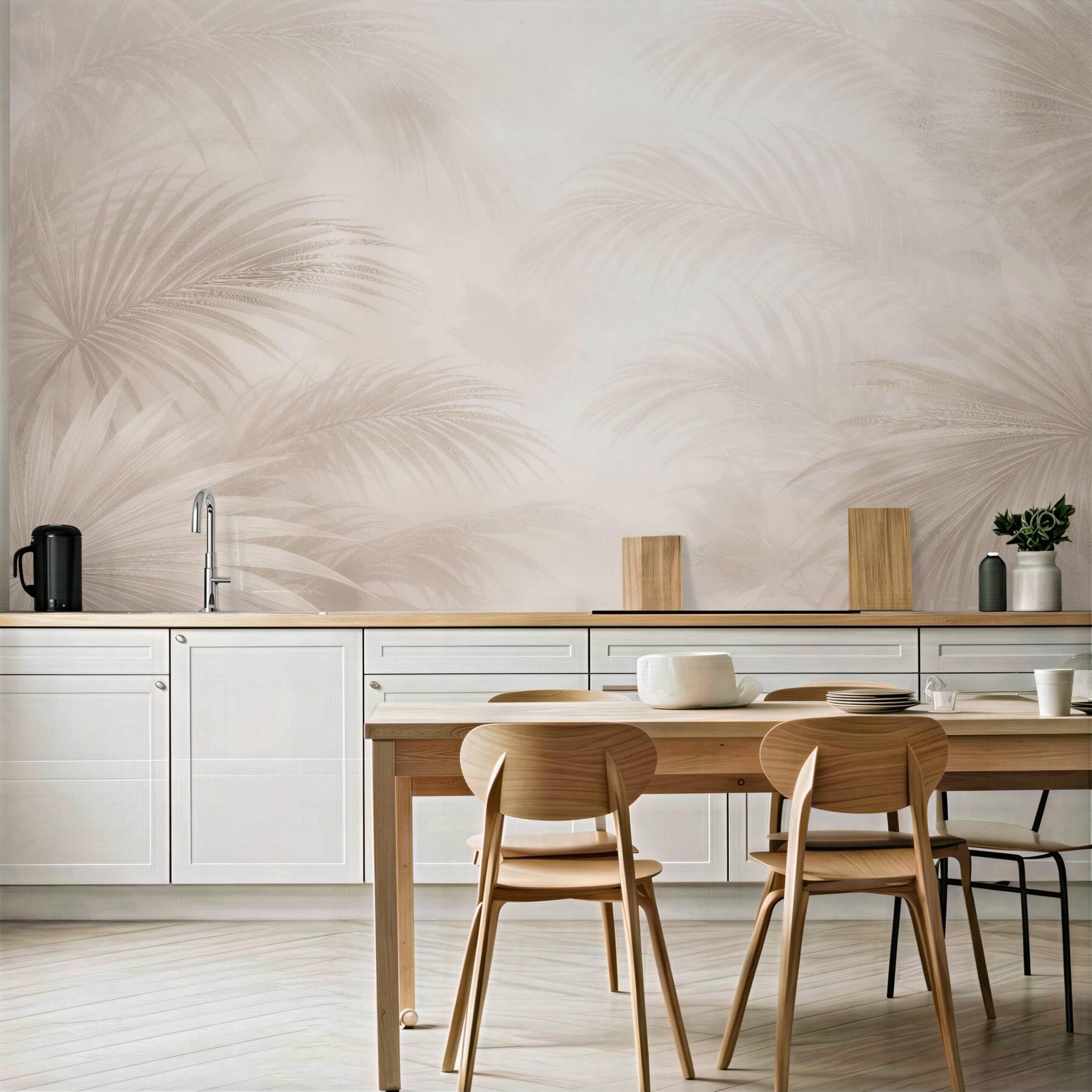 Papier peint délicates feuilles de palmier en beige