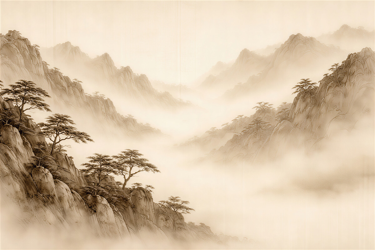 Papier peint brume de montagne en sépia