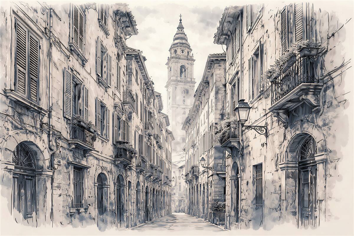 Papier peint croquis d'une rue historique avec une tour
