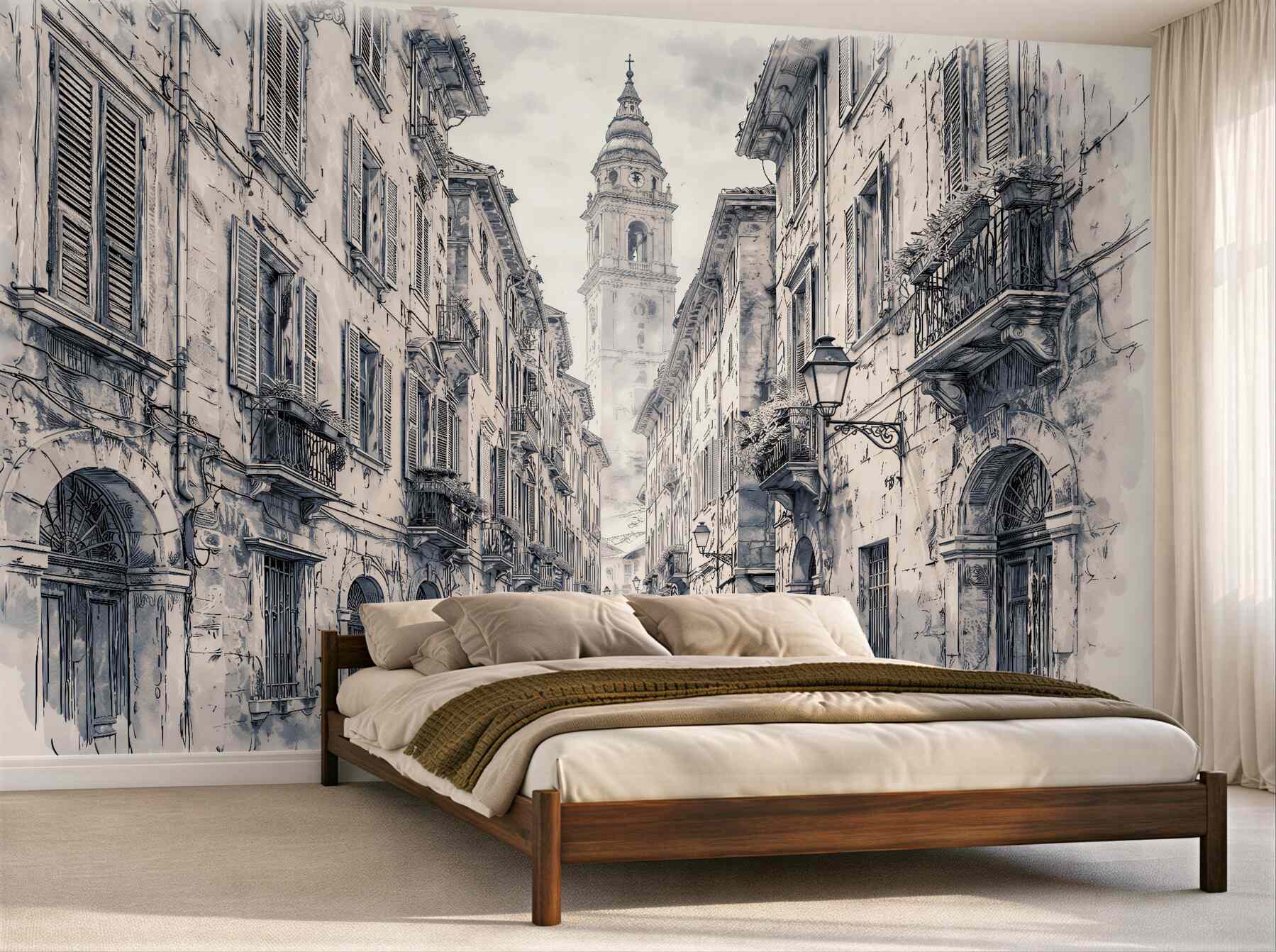 Papier peint croquis d'une rue historique avec une tour
