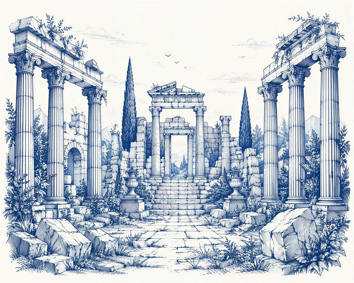 Papier peint ruines antiques dans un croquis bleu