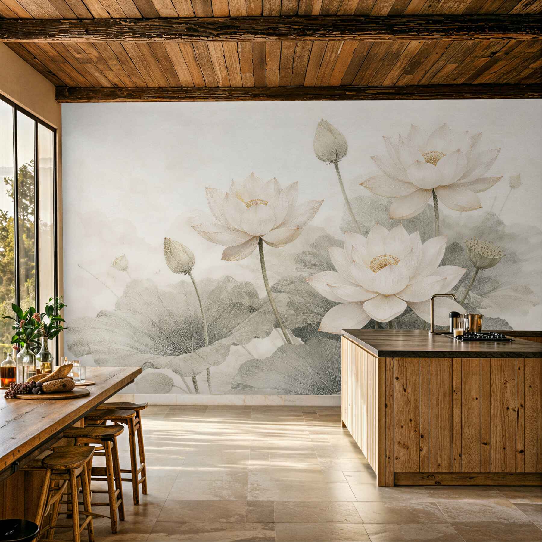 Papier peint lotus crème dans une élégance subtile