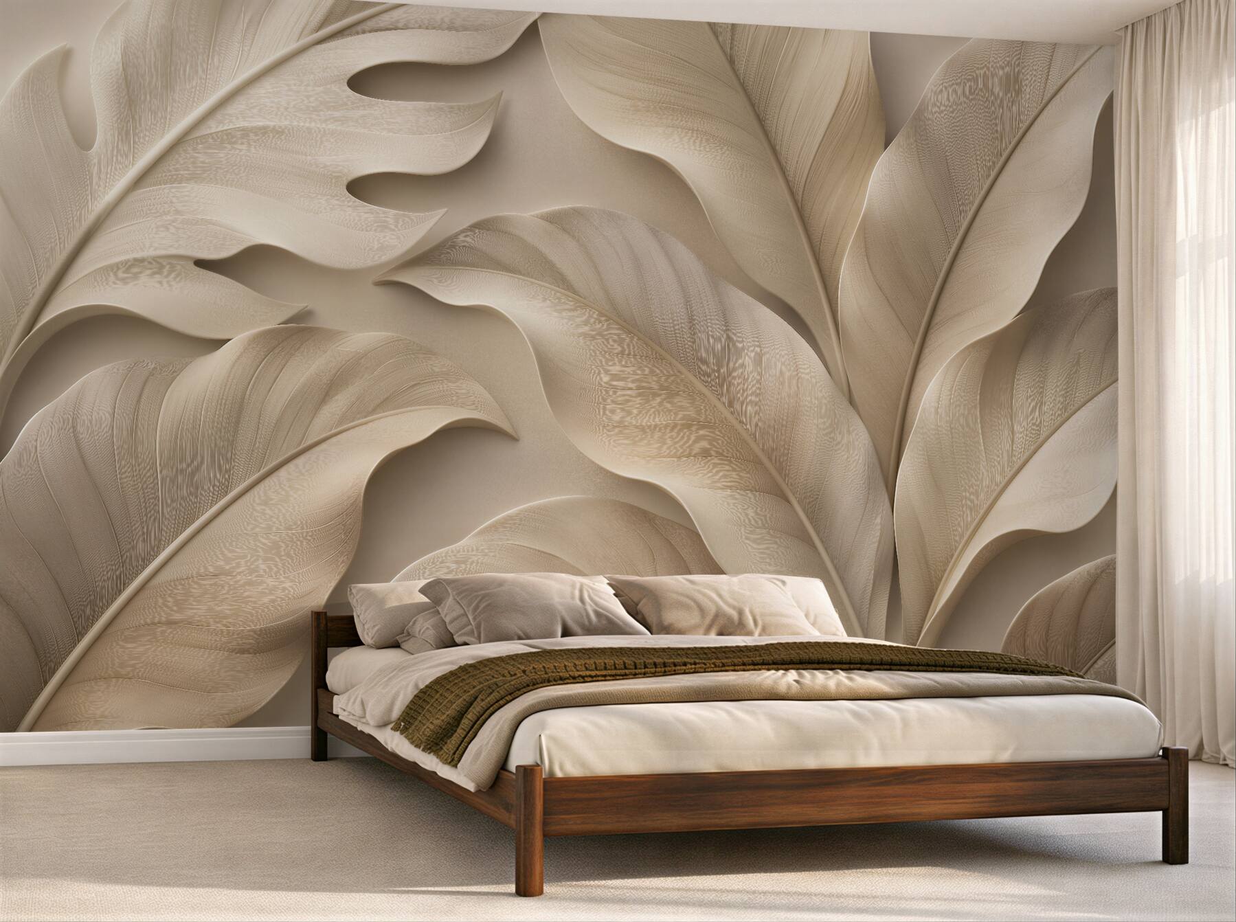 Papier peint feuilles beiges en relief élégant