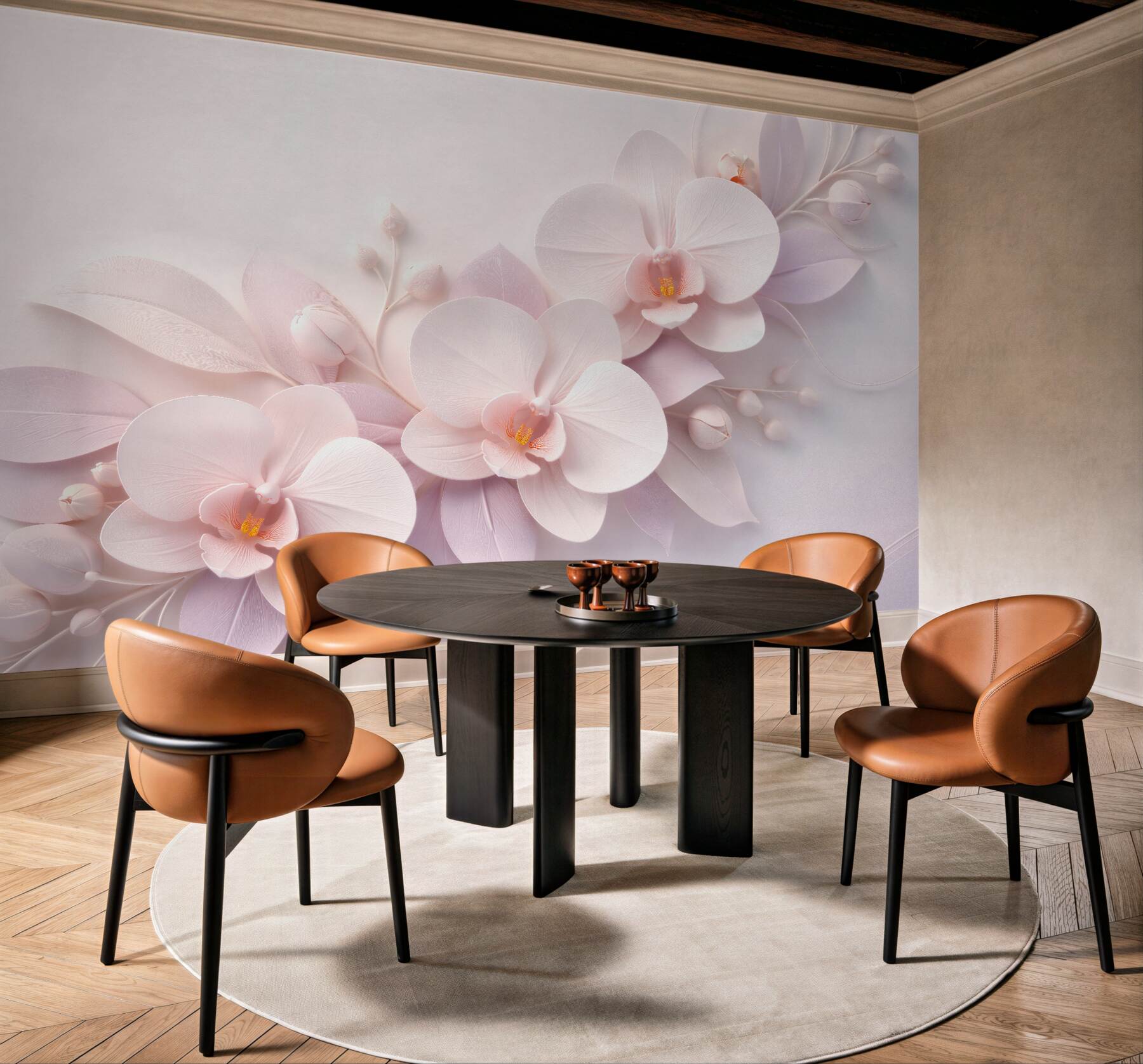Papier peint orchidées poudrées 3D glamour