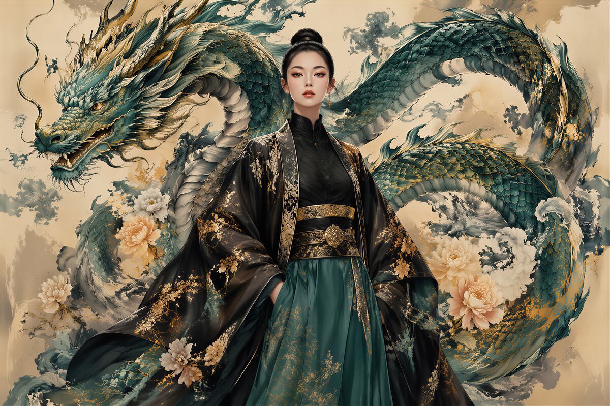 Papier peint élégance draconique dans un style oriental