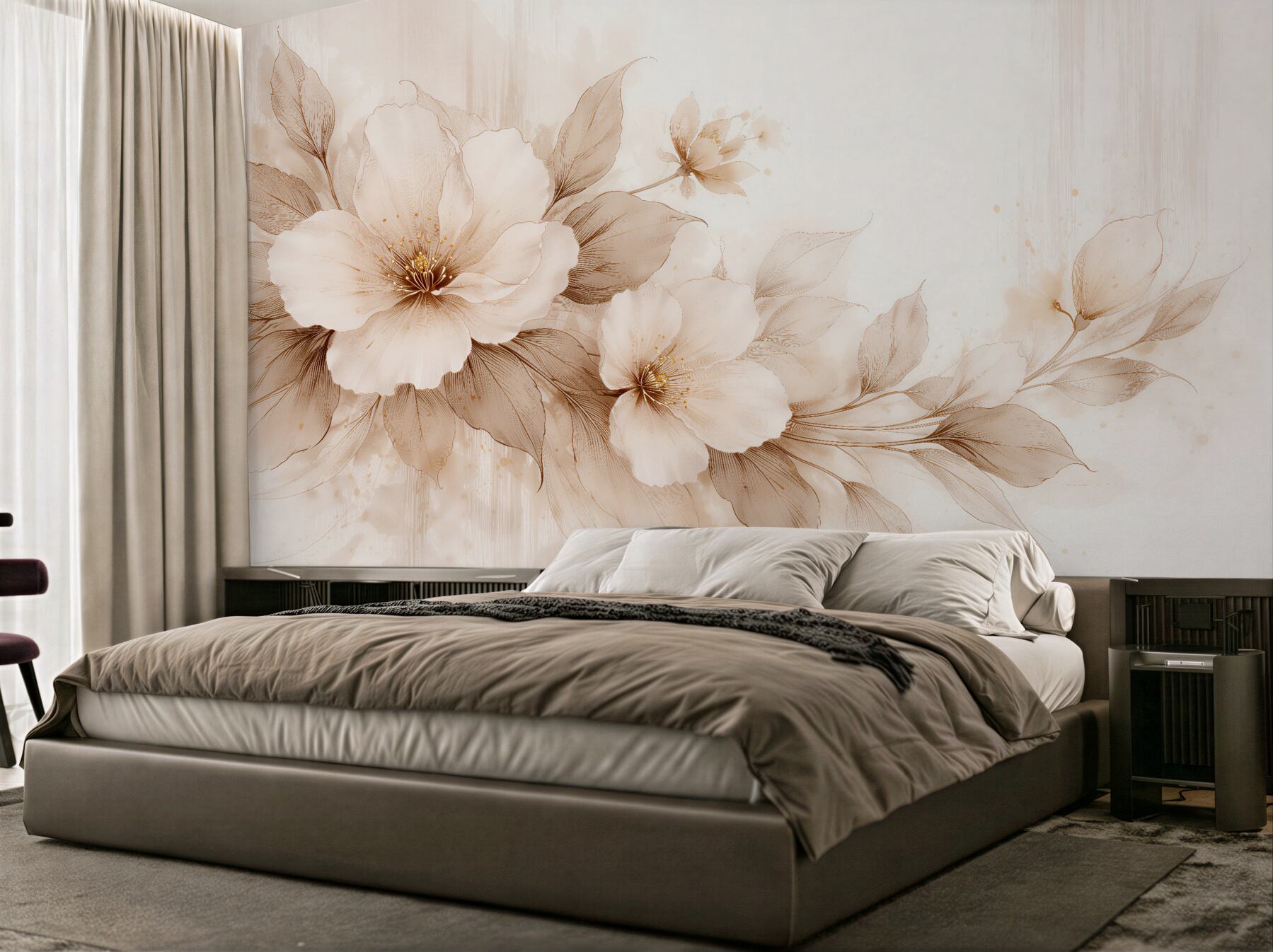Papier peint fleurs subtiles dans une élégance beige