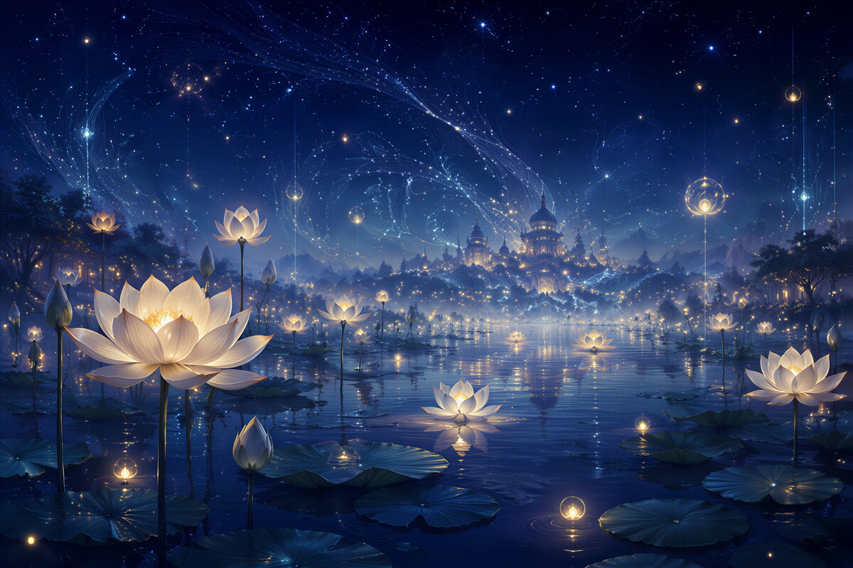 Papier peint lotus magiques sous un ciel étoilé