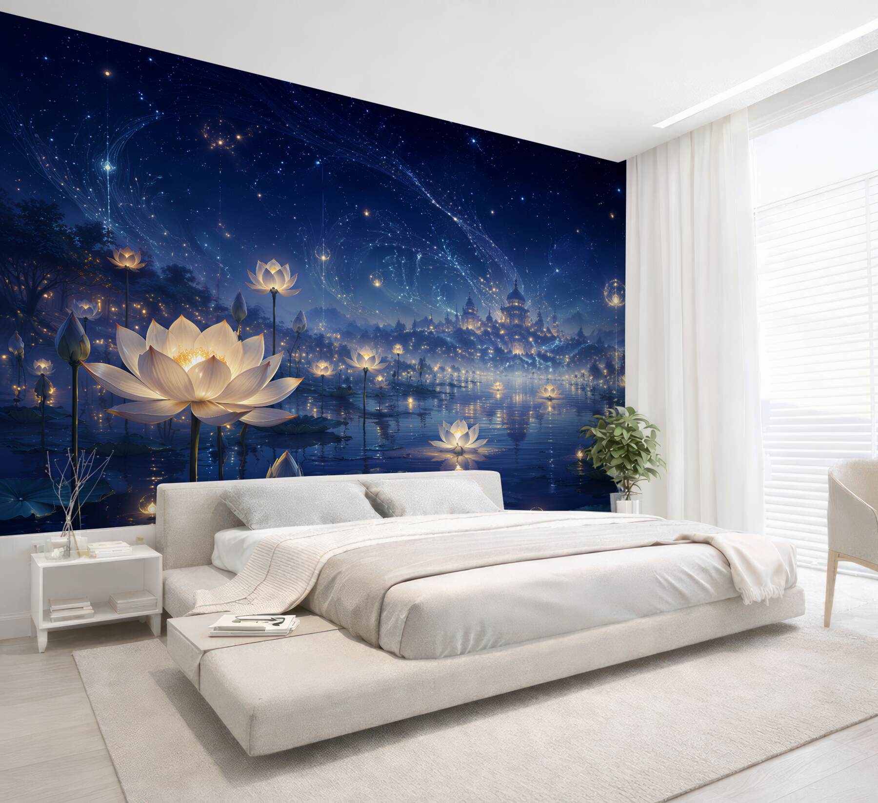 Papier peint lotus magiques sous un ciel étoilé