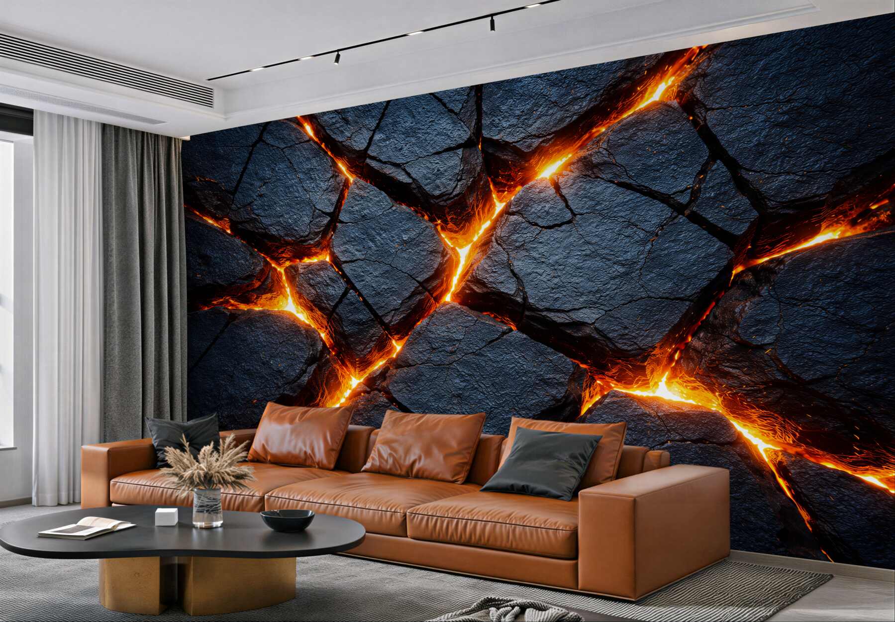 Papier peint lave incandescentes dans des roches noires