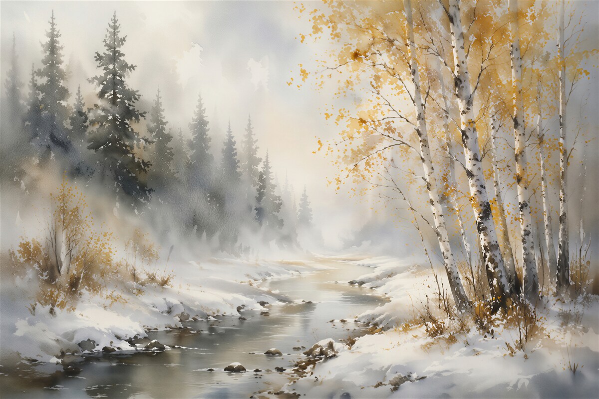 Papier peint ruisseau d'hiver parmi les bouleaux