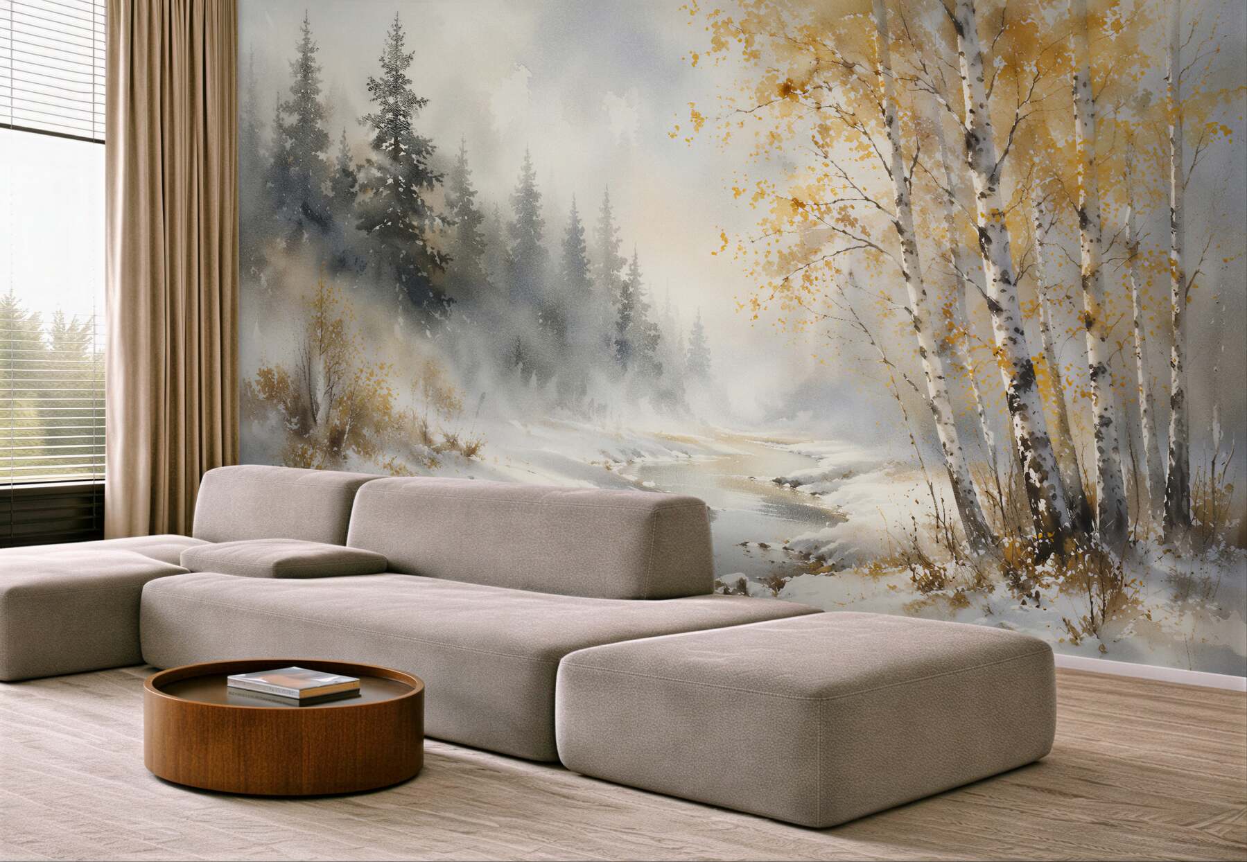 Papier peint ruisseau d'hiver parmi les bouleaux