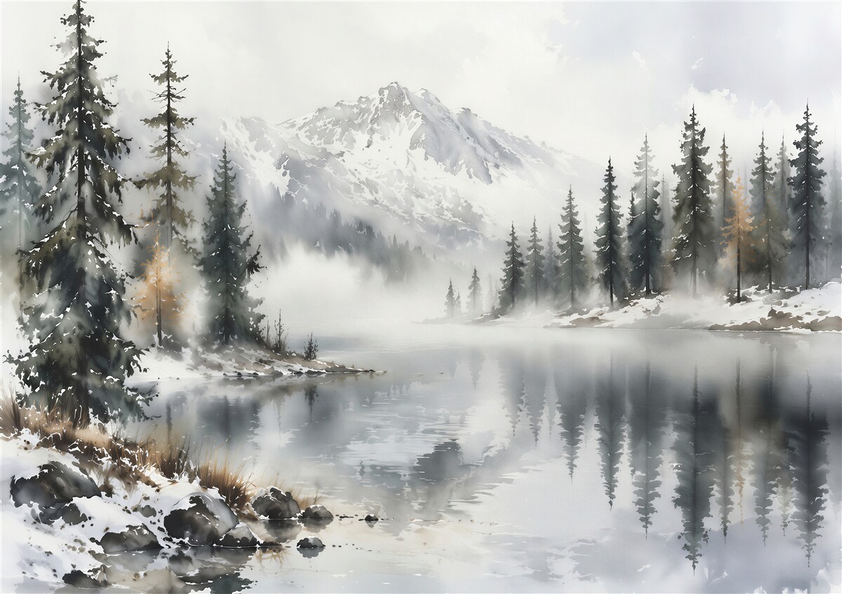 Papier peint paysage de lac brumeux en montagne
