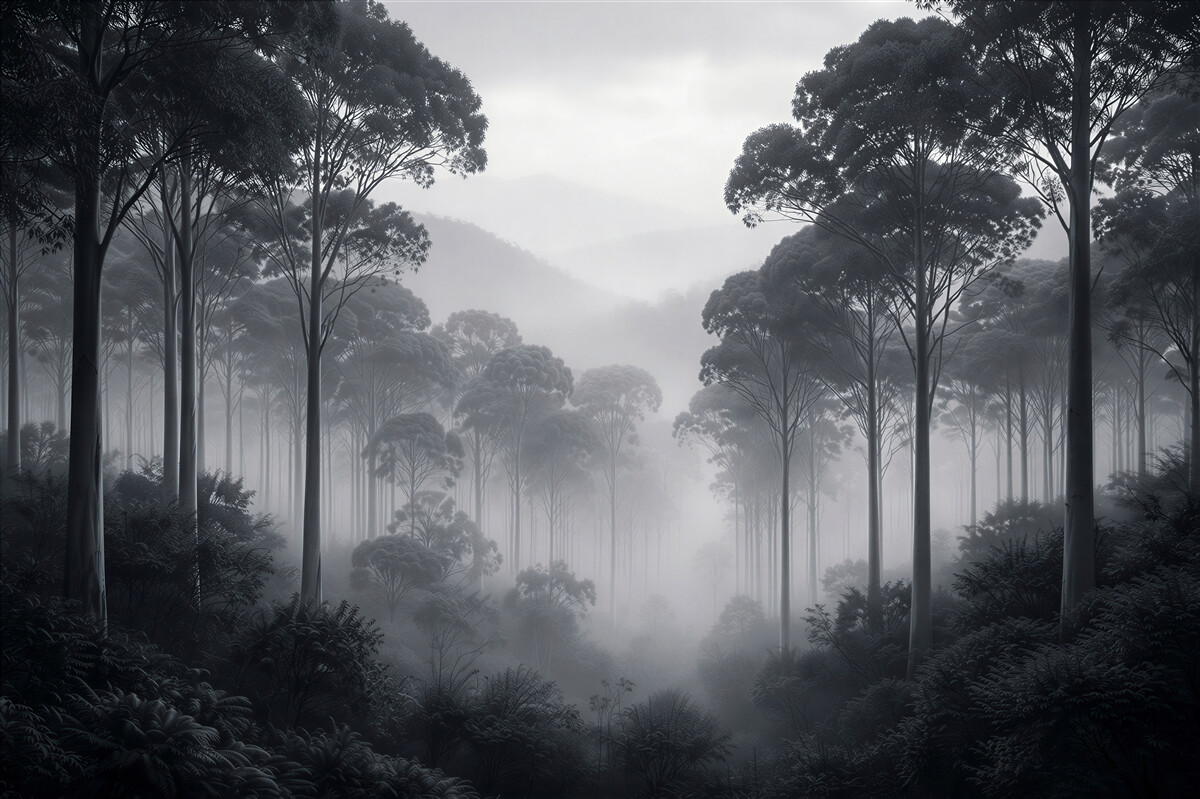 Papier peint forêt sombre enveloppée de brume