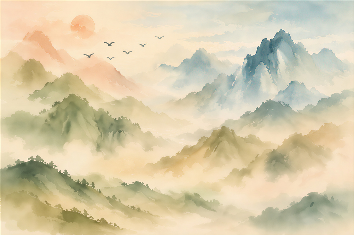 Papier peint montagnes mystiques dans la brume lumineuse