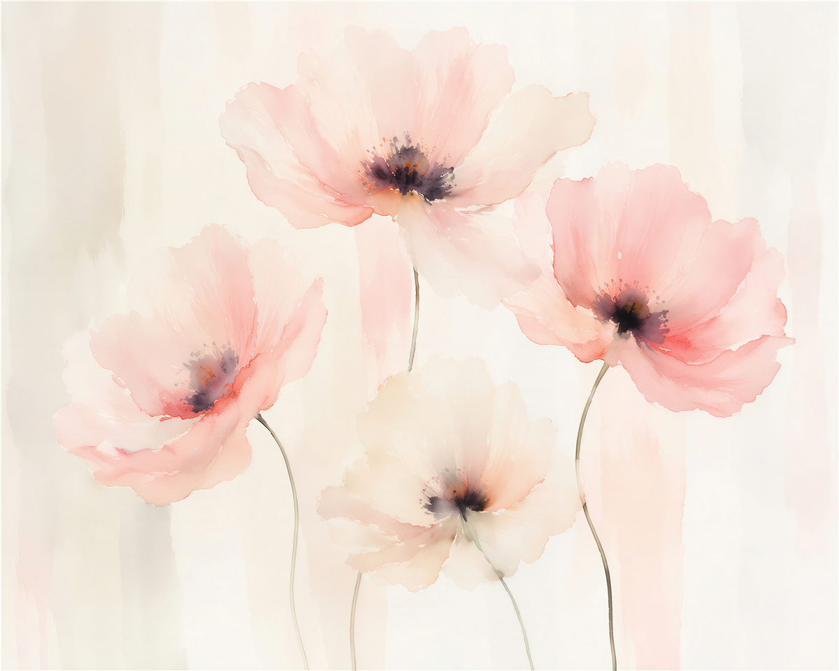 Papier peint coquelicots poudrés dans une délicate aquarelle
