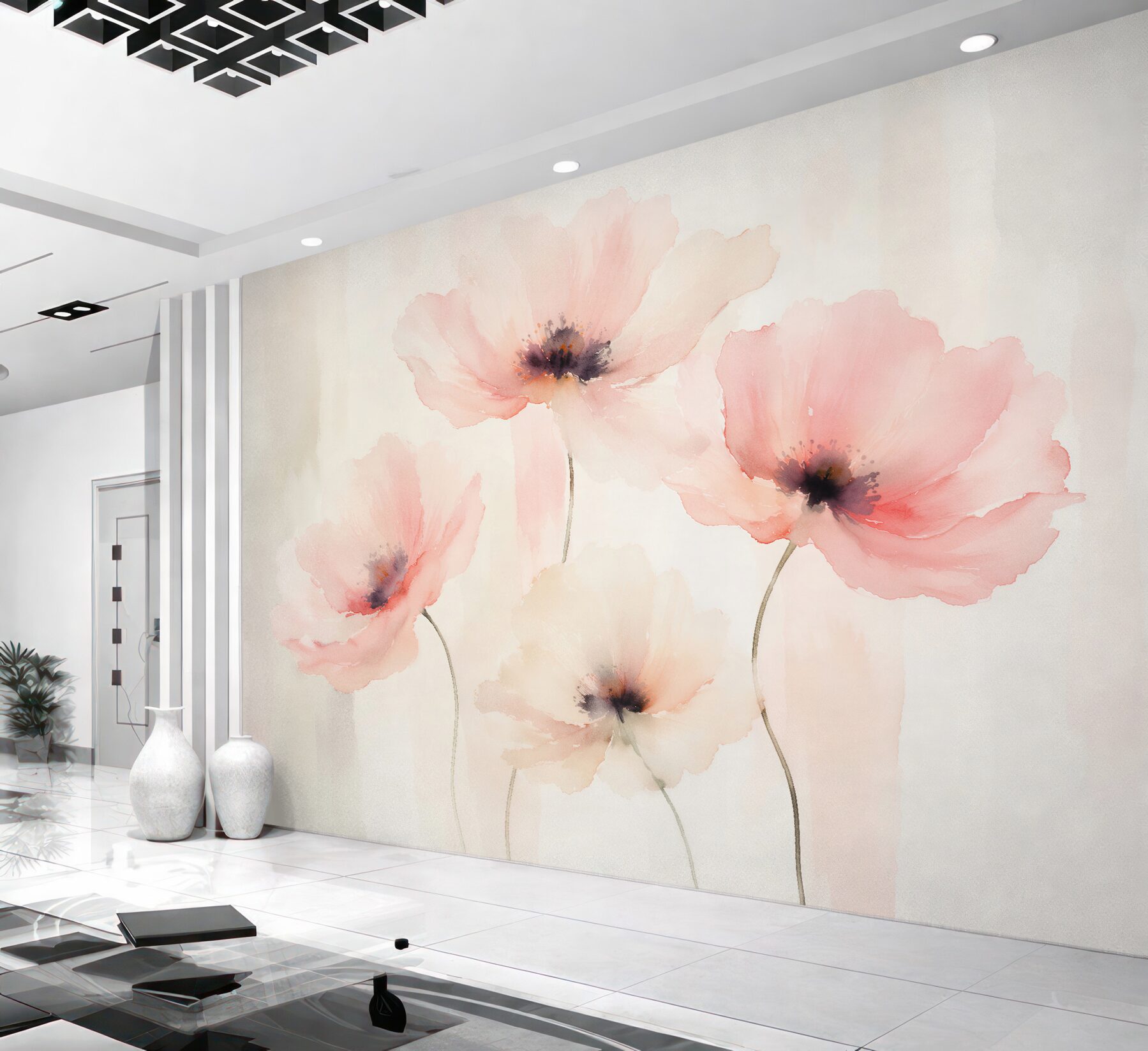 Papier peint coquelicots poudrés dans une délicate aquarelle