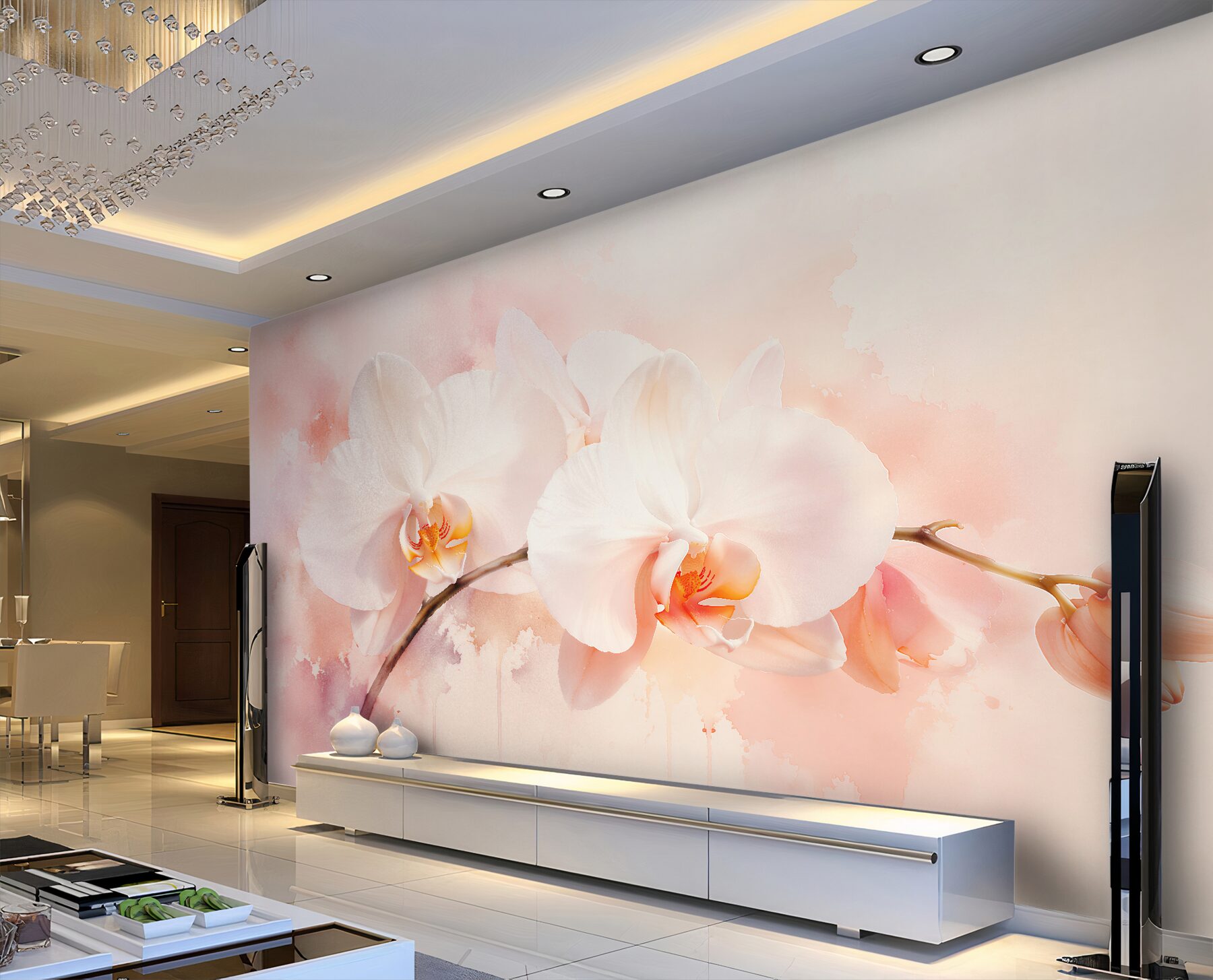 Papier peint orchidées blanches dans un éclat poudré