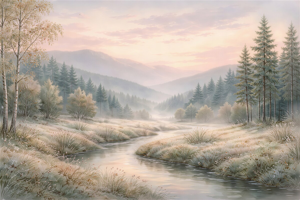 Papier peint aube brumeuse au-dessus d'un ruisseau forestier