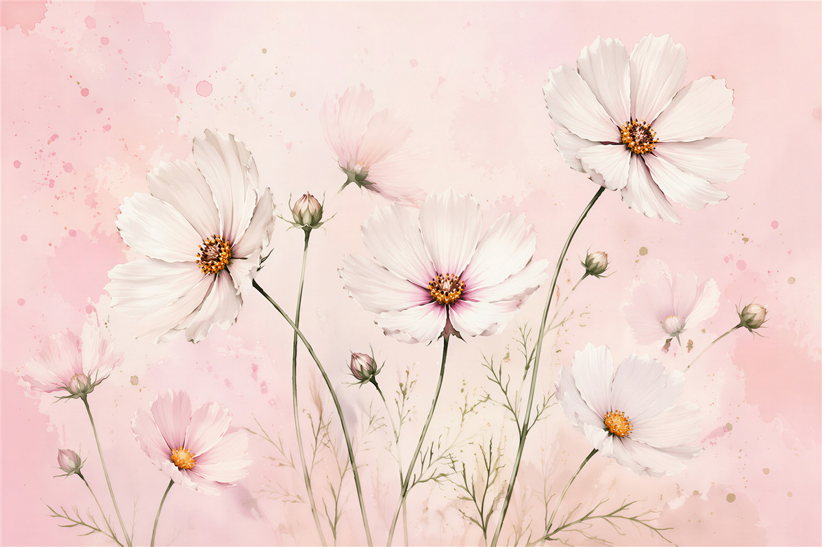 Papier peint cosmos délicats sur fond rose