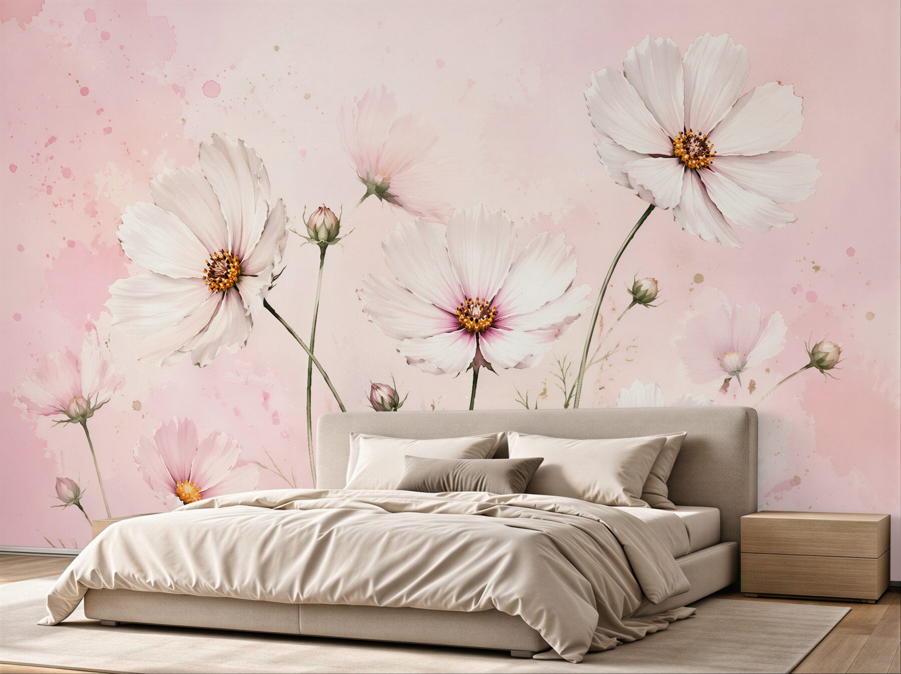 Papier peint cosmos délicats sur fond rose