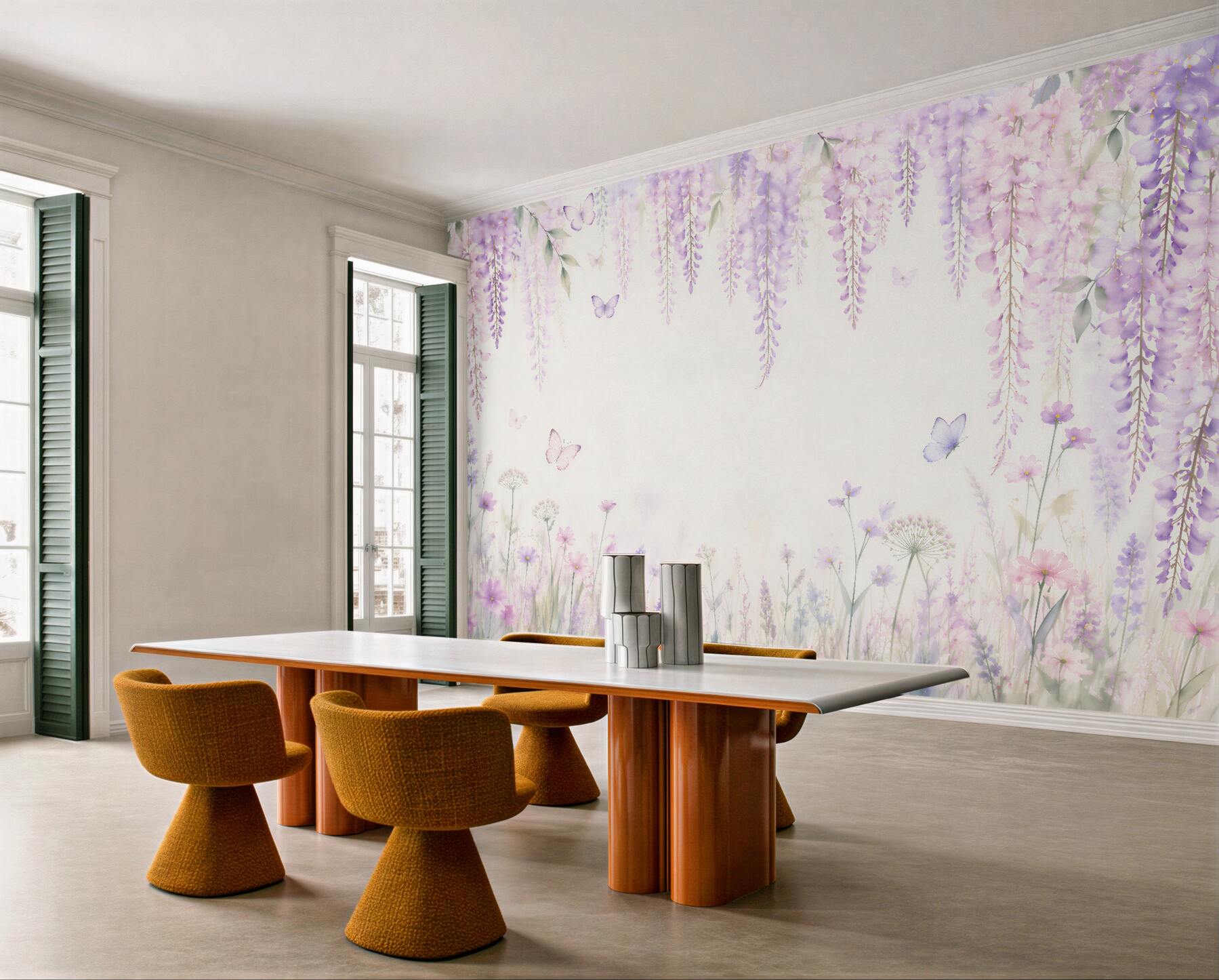 Papier peint prairie lavande avec des papillons