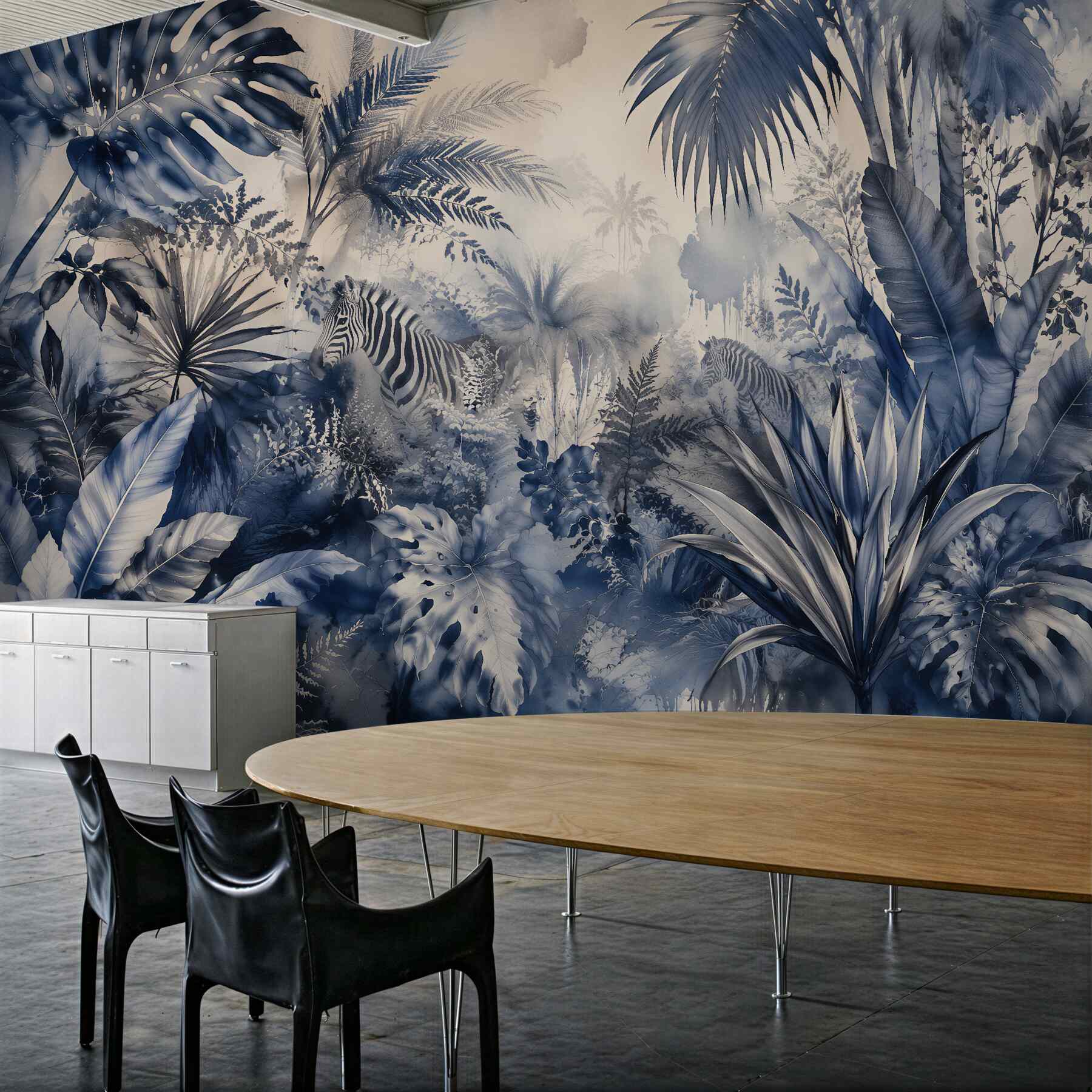 Papier peint jungle bleue avec un zèbre