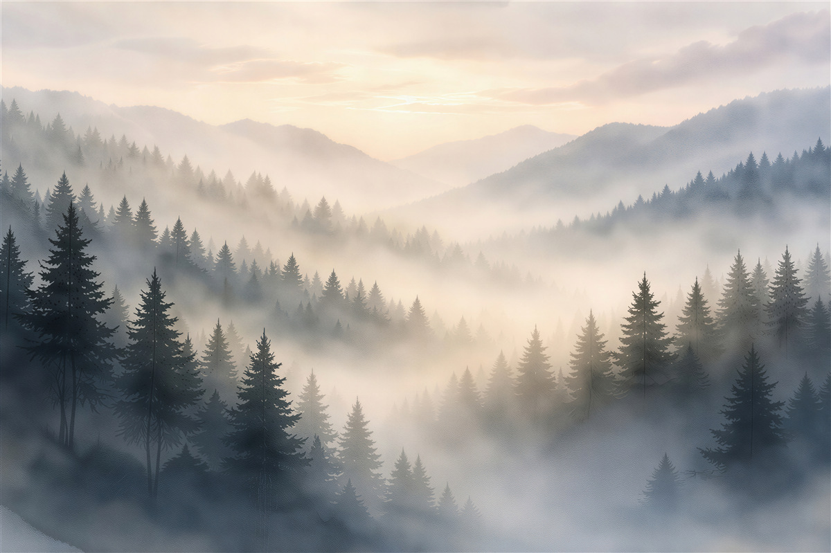 Papier peint lever du soleil au-dessus de la forêt dans la brume