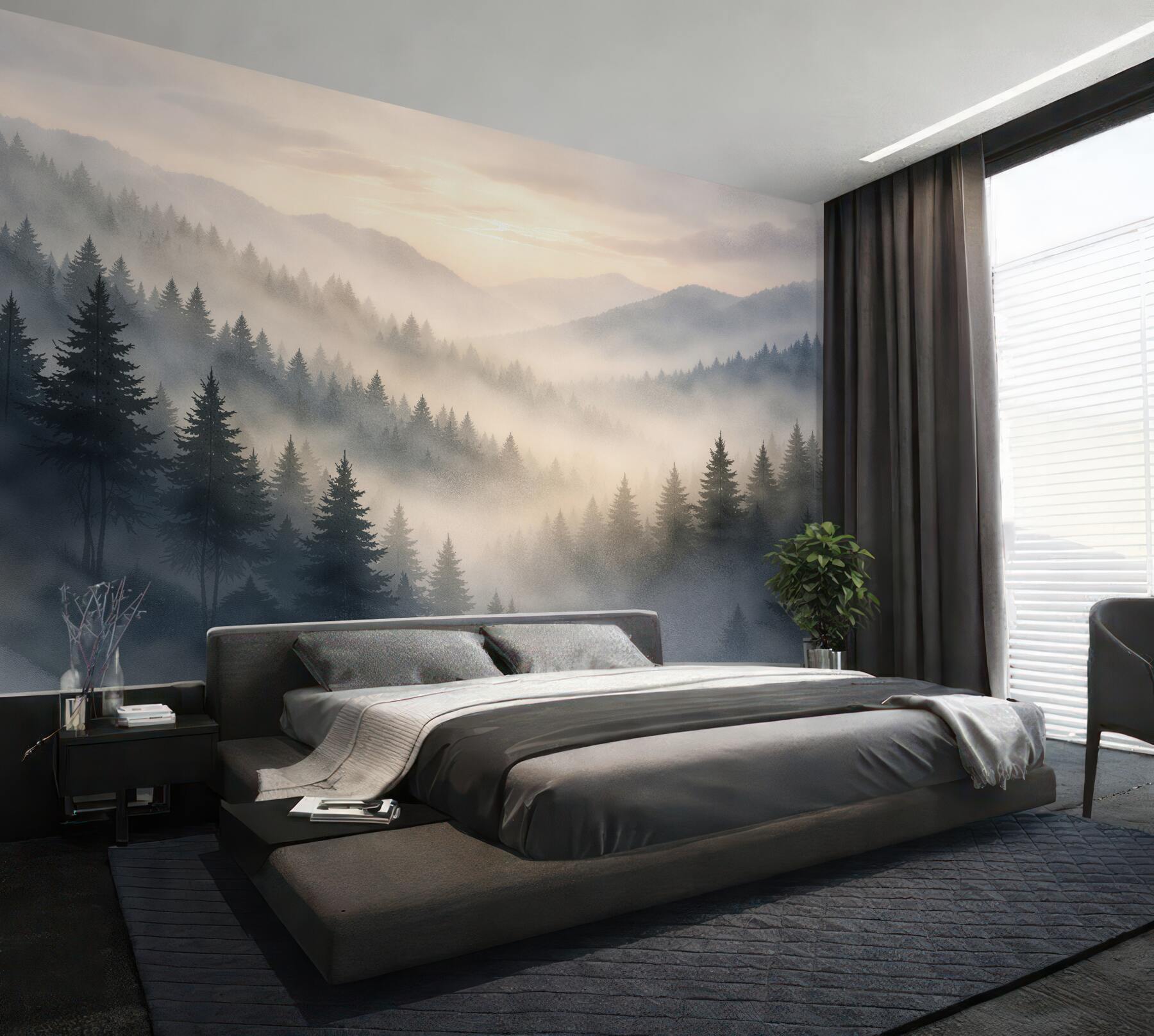 Papier peint lever du soleil au-dessus de la forêt dans la brume