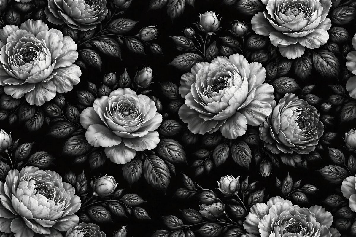 Papier peint pivoines noir et blanc sur noir