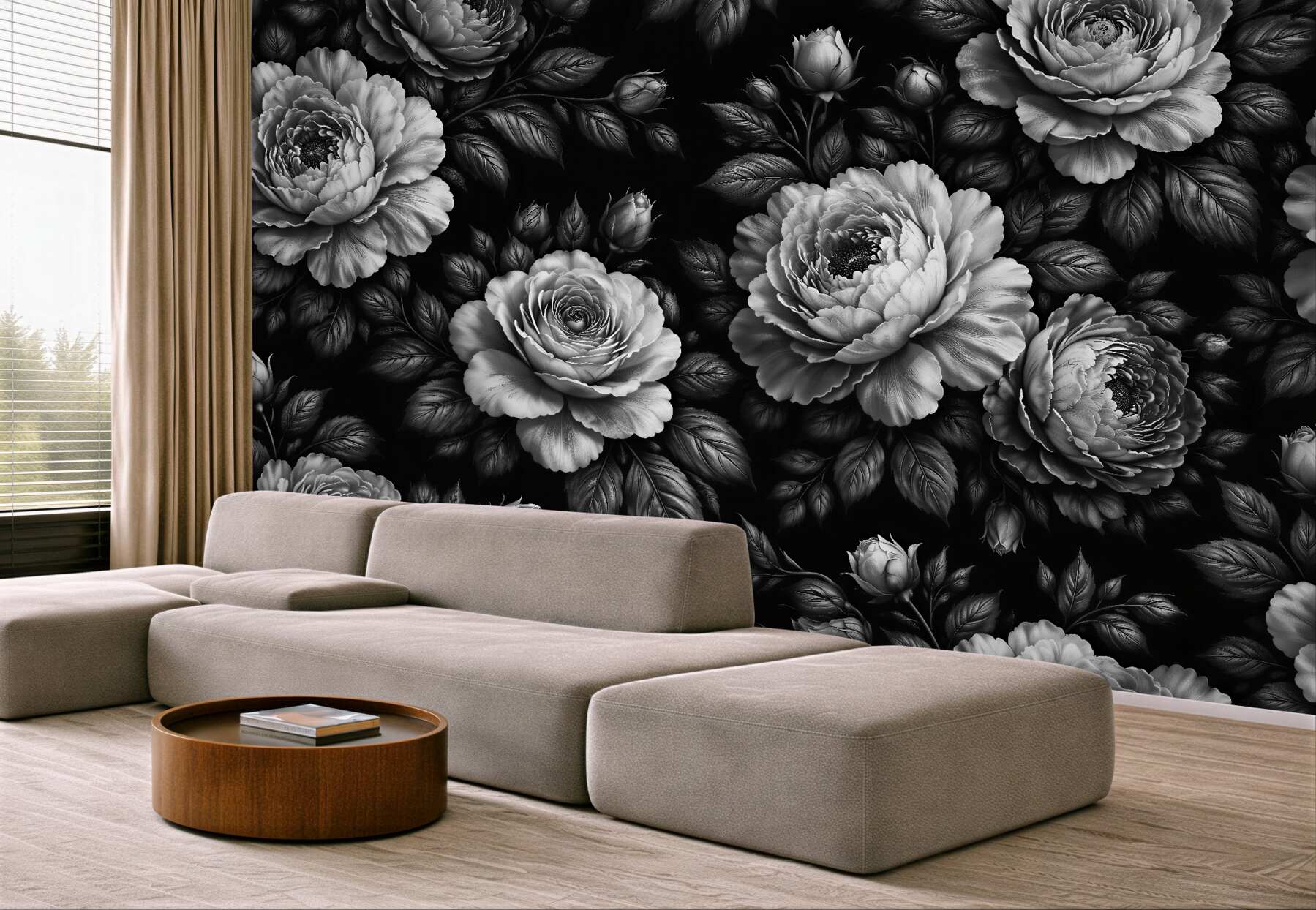 Papier peint pivoines noir et blanc sur noir