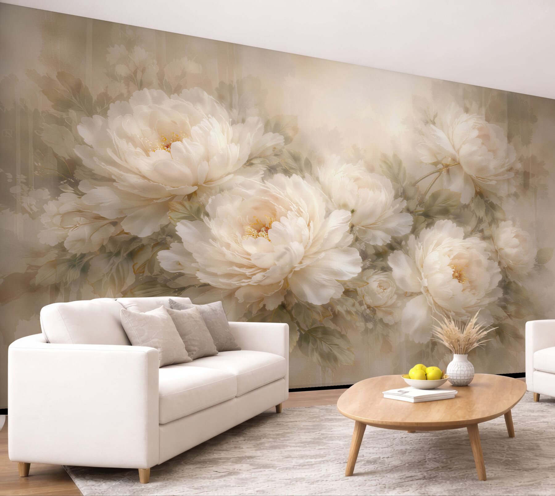Papier peint pivoines crème dans une brume romantique