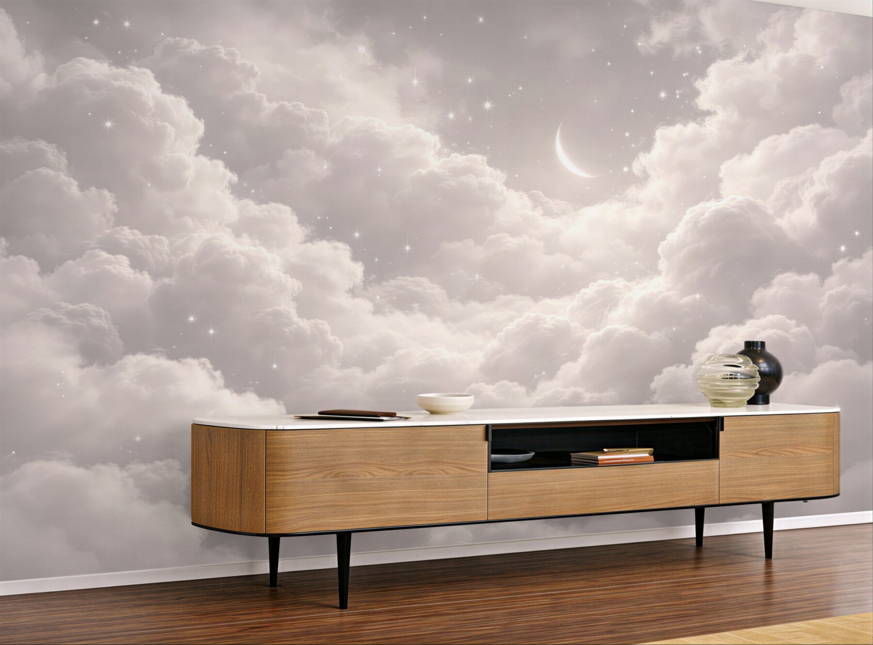 Papier peint lune parmi des nuages doux