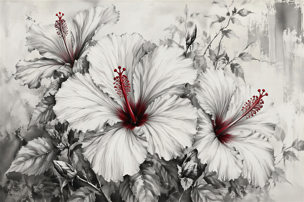 Papier peint hibiscus avec accent rouge
