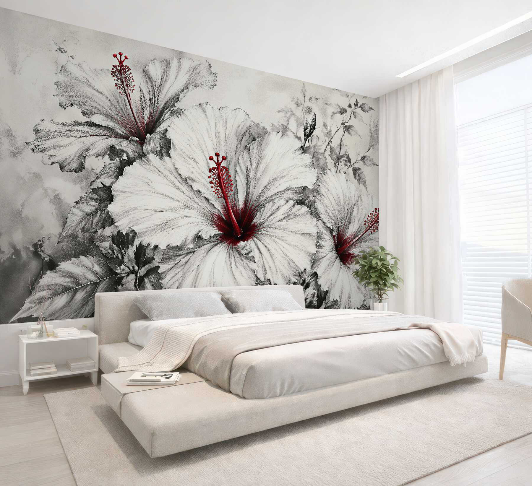 Papier peint hibiscus avec accent rouge